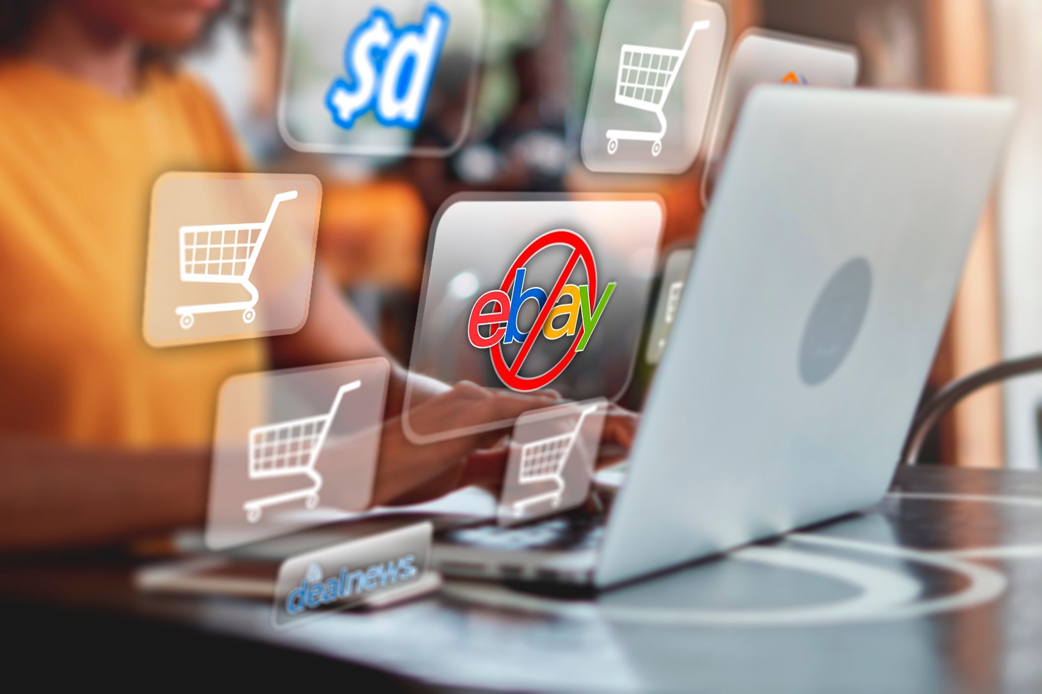 Người dùng máy tính xách tay với biểu tượng giỏ hàng, logo của các trang web mua sắm và logo eBay có dấu gạch chéo