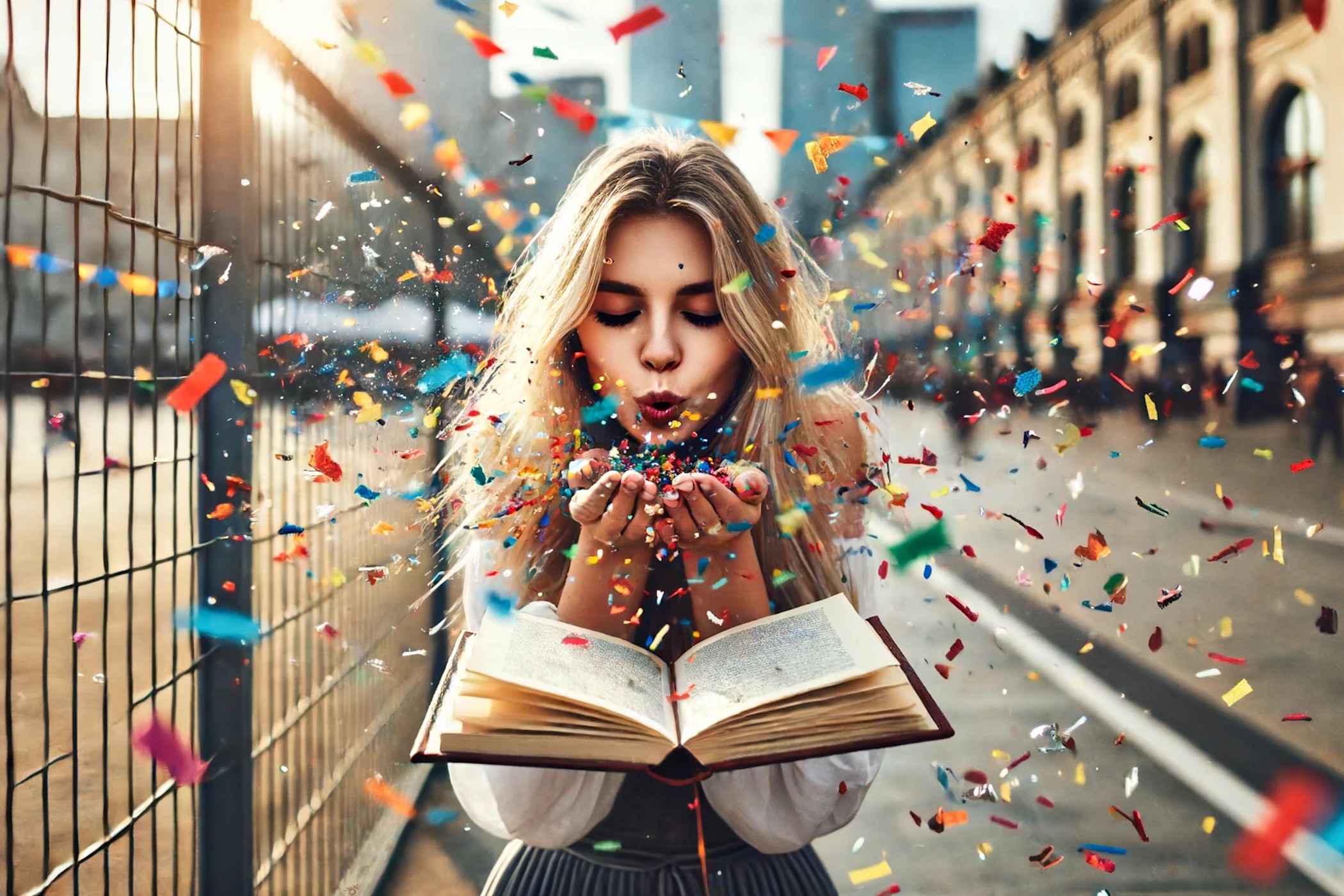 Người phụ nữ thổi confetti ra khỏi cuốn sách vừa đọc xong