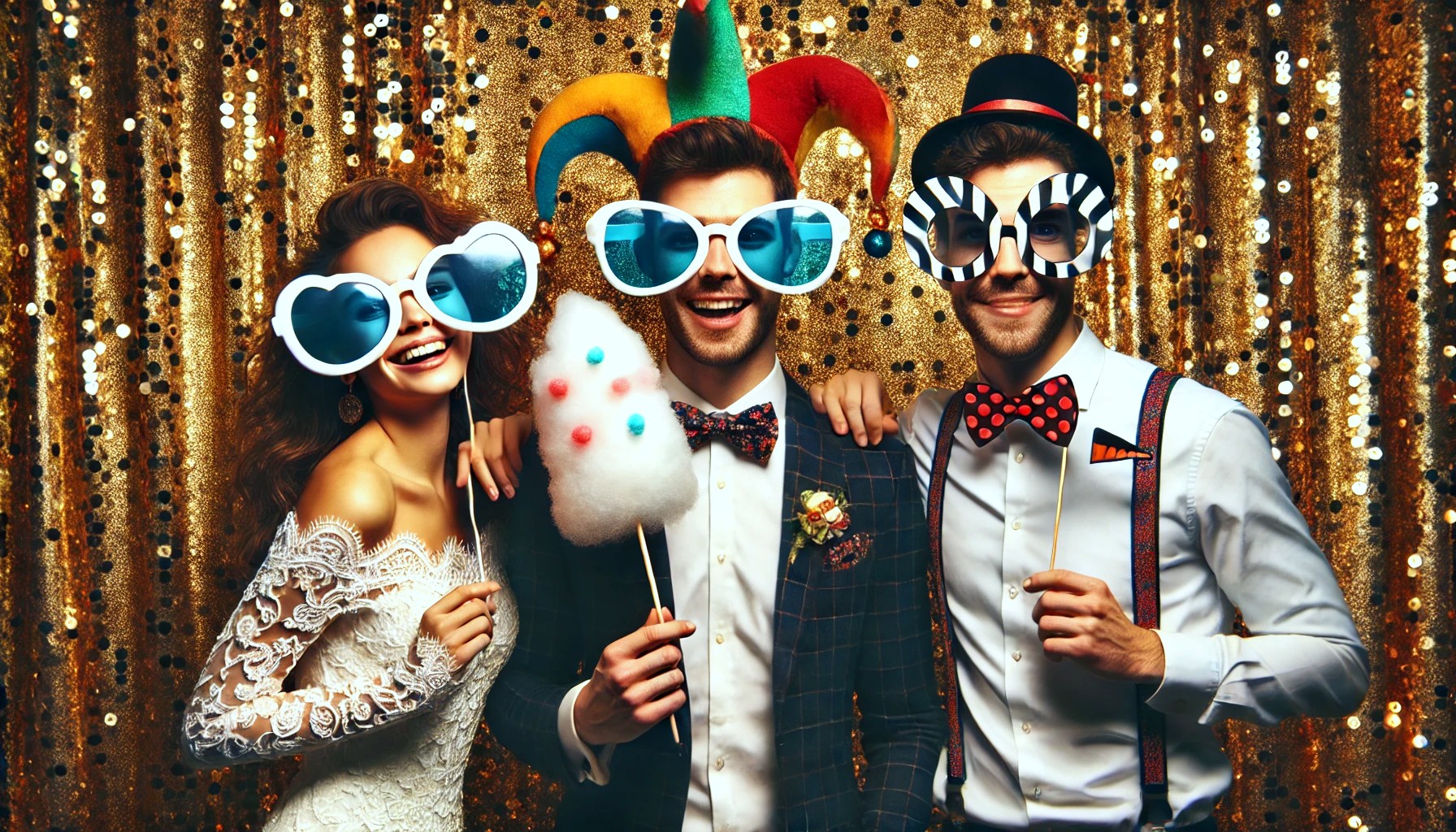 người trẻ trong photo booth tại đám cưới với kính và trang phục hài hước