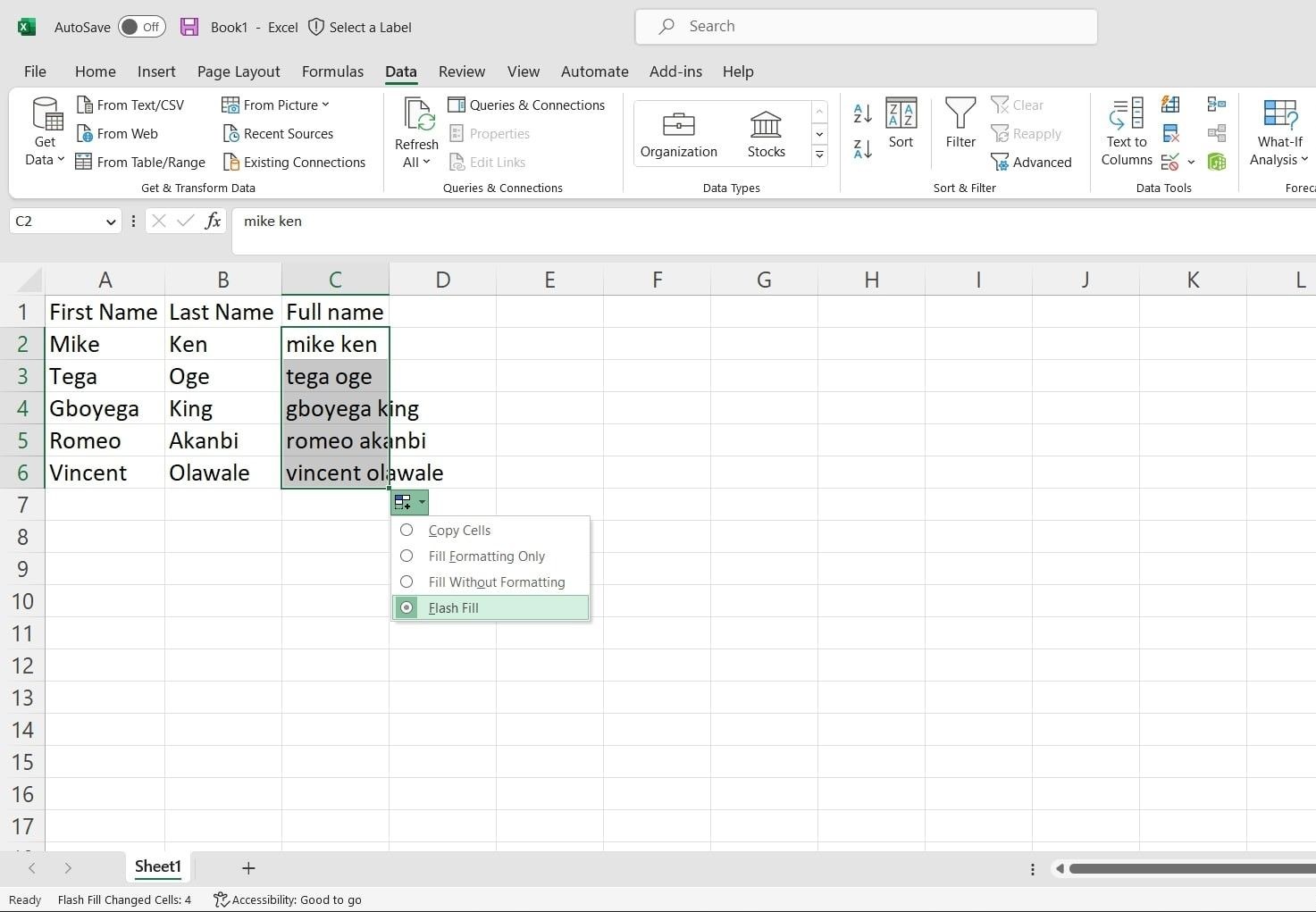 Nhận diện mẫu với Flash Fill trong Excel
