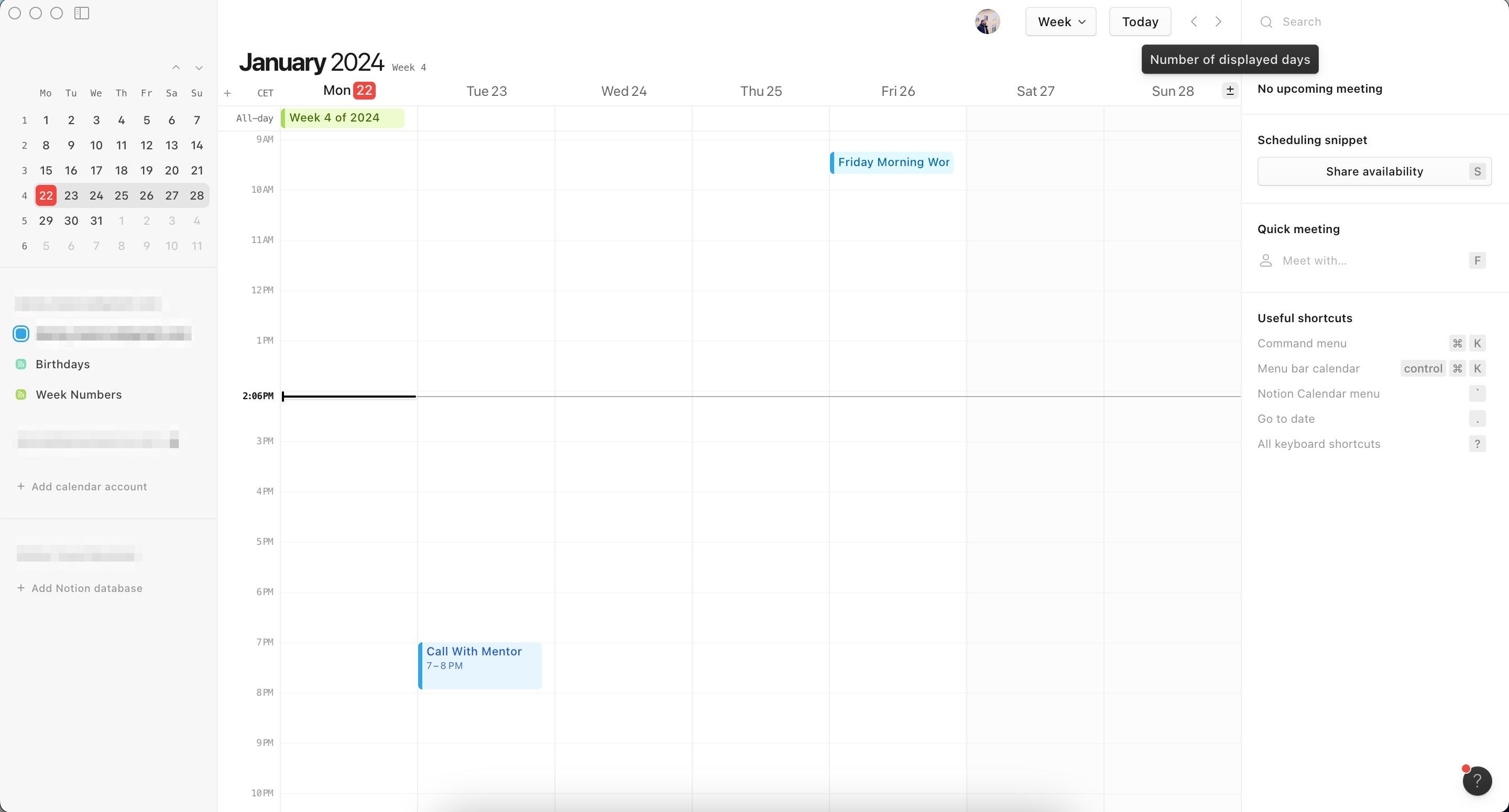 Nhấn vào biểu tượng + để thay đổi hiển thị ngày trong Notion Calendar