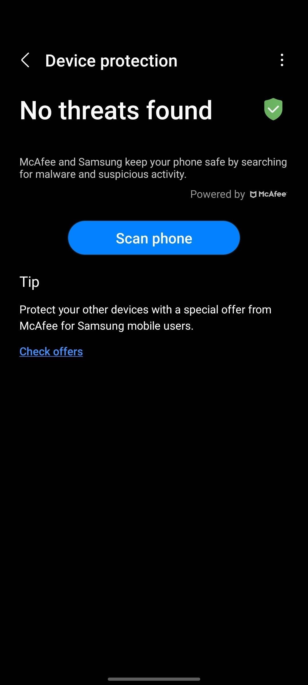 Nhấn vào Nút Quét Điện thoại trong Tab Bảo vệ Thiết bị của Cài đặt Samsung