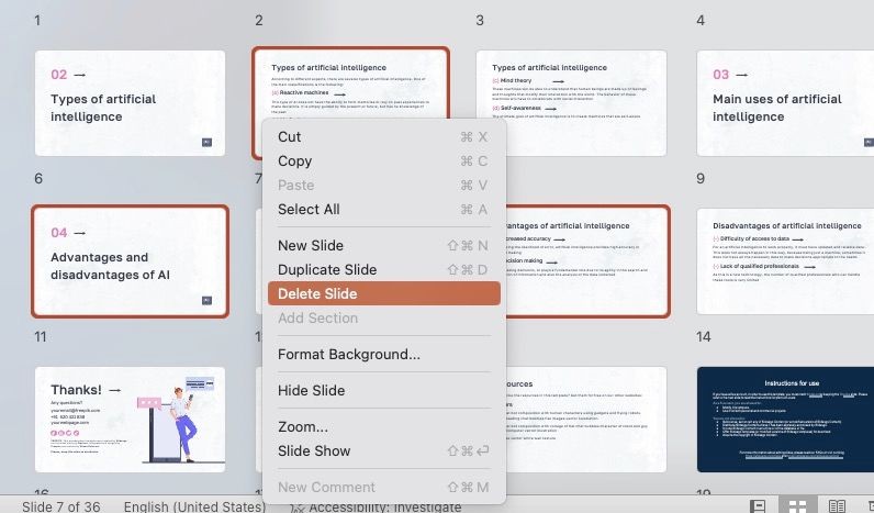 Nhấp chuột phải vào bất kỳ slide nào đã chọn và chọn Delete Slide