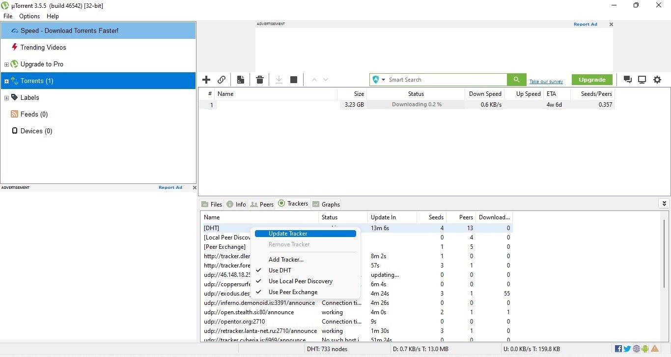 Nhấp chuột phải vào tracker để chọn tùy chọn Cập nhật Tracker trong ứng dụng uTorrent cho máy tính