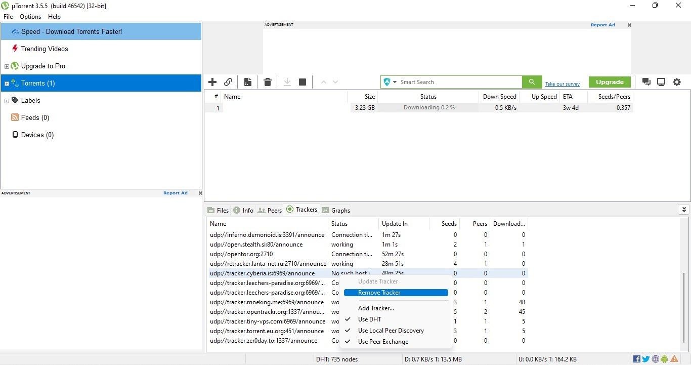 Nhấp chuột phải vào tracker để chọn tùy chọn Xóa Tracker trong ứng dụng uTorrent cho máy tính