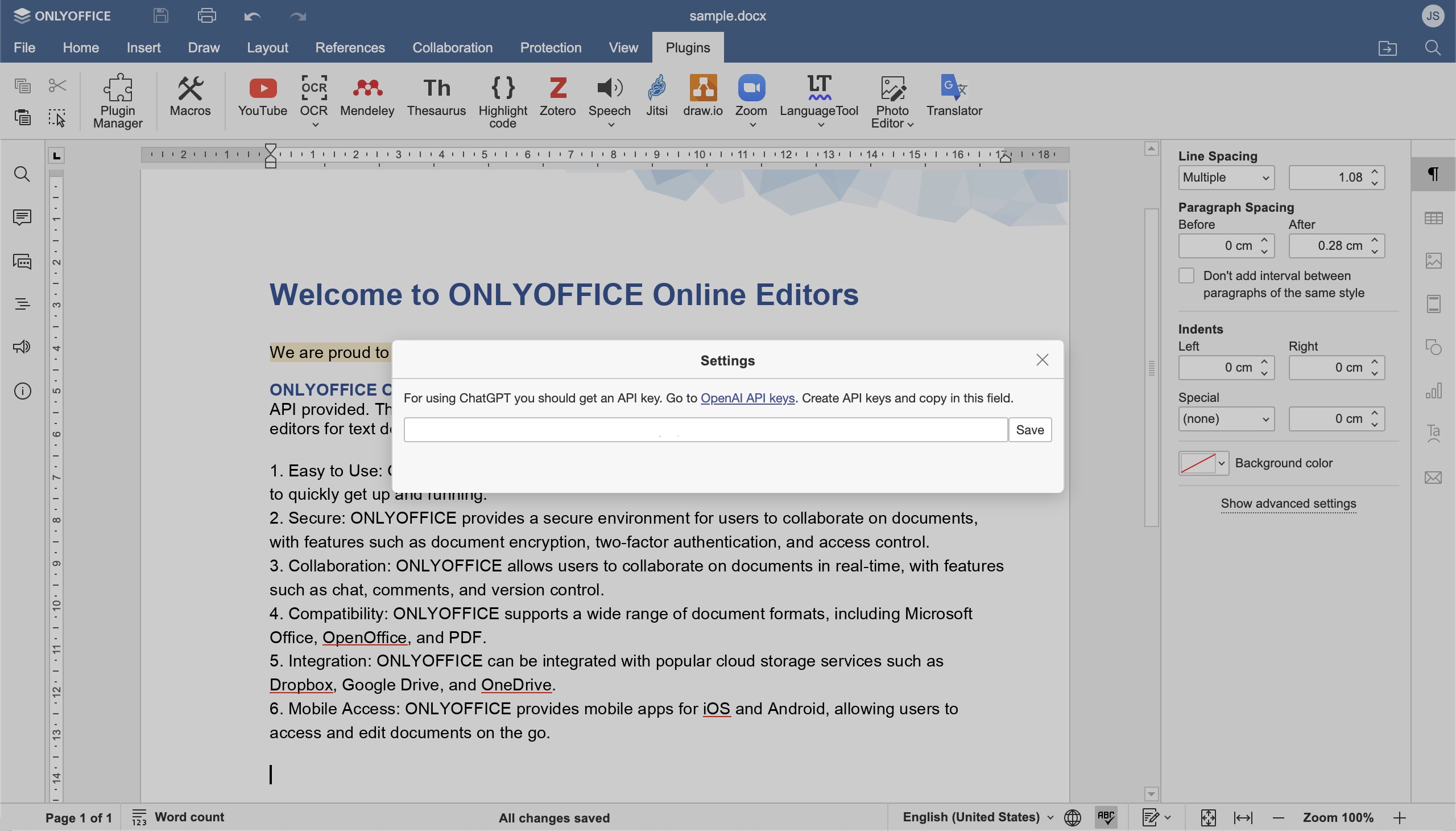 Nhập khóa API cho plugin ChatGPT của ONLYOFFICE DocSpace