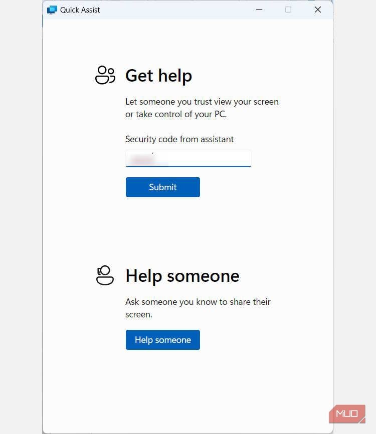Nhập mã bảo mật trong ứng dụng Quick Assist trên Windows