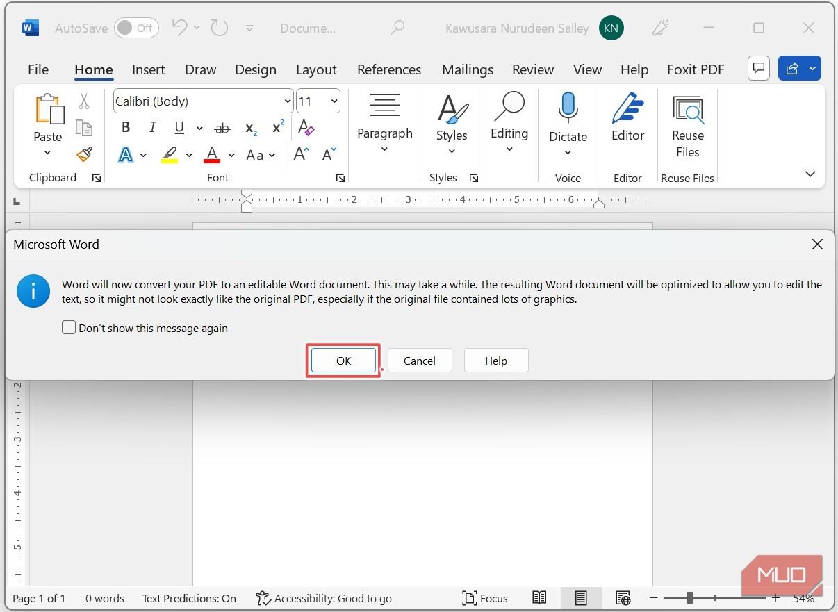 Nhấp OK trong hộp thoại bật lên để chuyển đổi PDF thành tài liệu Word có thể chỉnh sửa