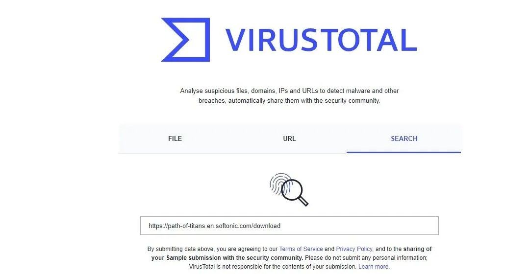 Nhập URL của tệp cần tải xuống vào trình quét URL trên trang web VirusTotal