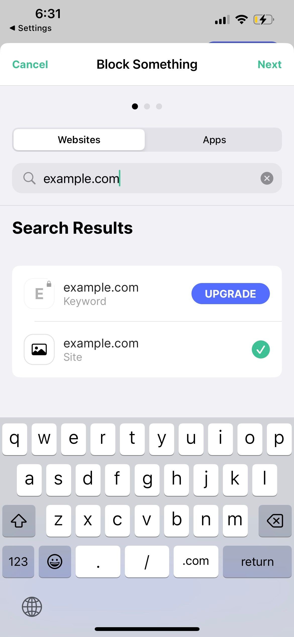 Nhập URL trang web trong BlockSite