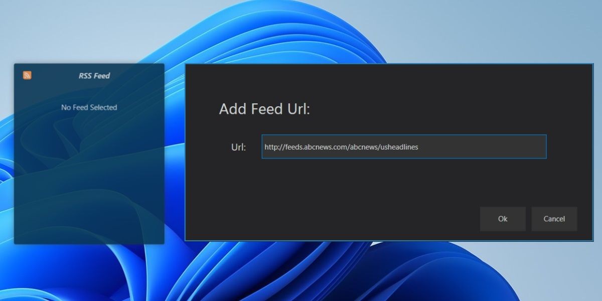Nhập URL vào tiện ích RSS Feed của Widget Launcher trên Windows 11