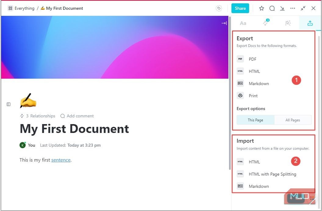 Nhập và Xuất trong ClickUp Docs