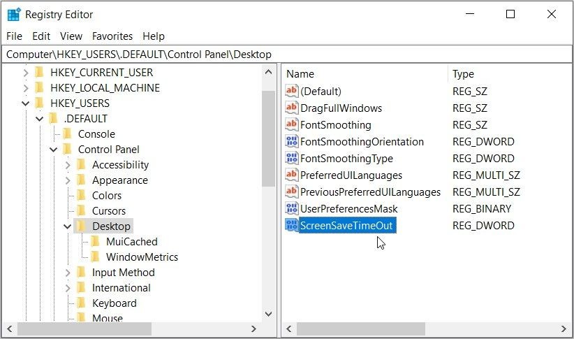 Nhấp vào giá trị ScreenSaveTimeOut