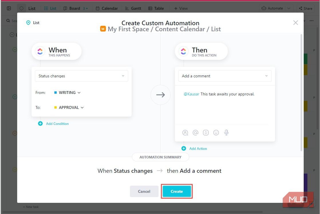 Nhấp vào nút Create để tạo tự động hóa tùy chỉnh trong ClickUp
