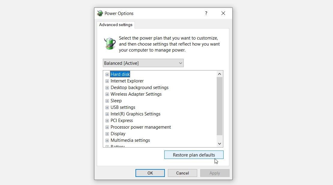Nhấp vào nút Restore plan defaults trong màn hình Power Options
