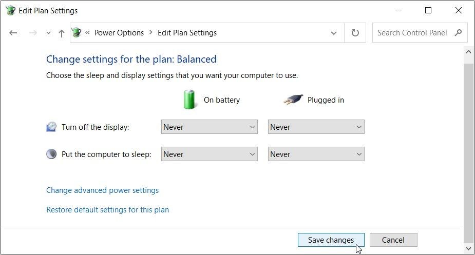 Nhấp vào nút Save Changes trên màn hình Edit plan settings
