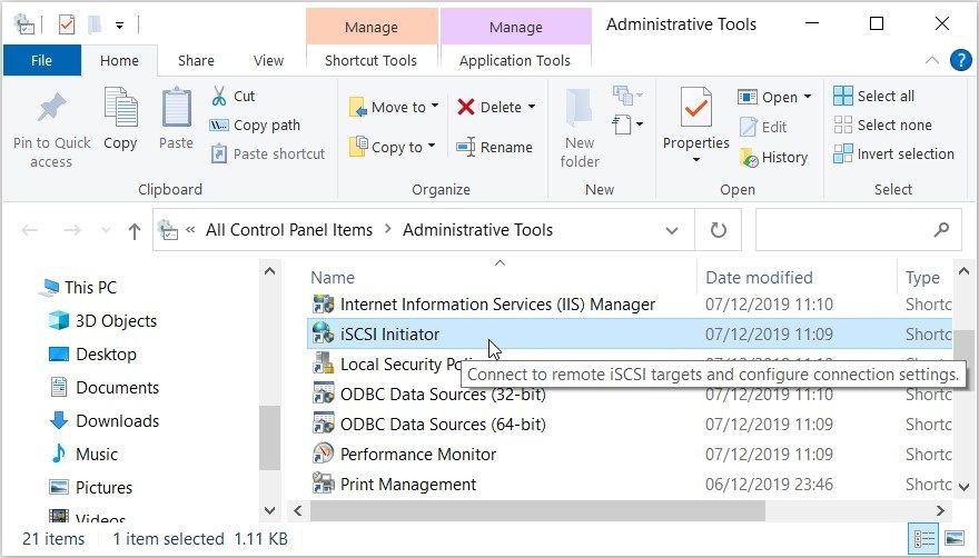 Nhấp vào tùy chọn iSCSI Initiator trên Control Panel