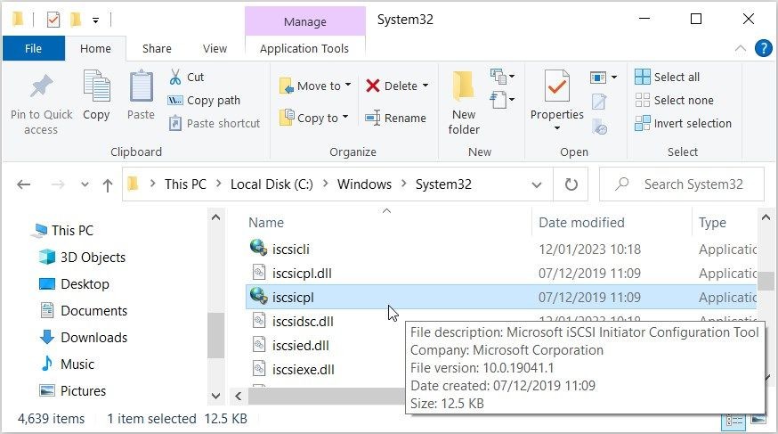 Nhấp vào tùy chọn iscsicpl trong thư mục System32