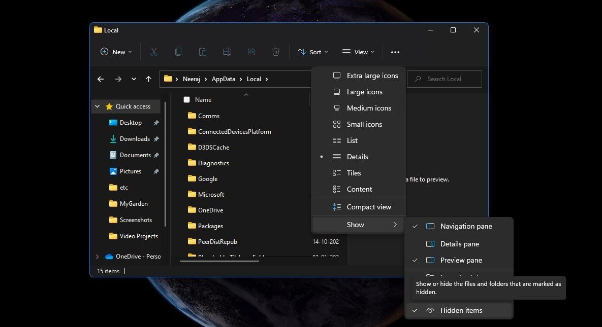 Nhấp vào View, sau đó là Show và sau đó là Hidden Items để xem tệp IconCache