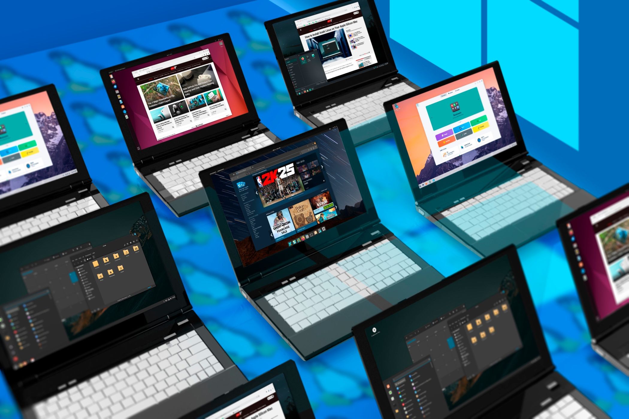 Nhiều laptop đặt cạnh nhau với các hệ điều hành Linux khác nhau