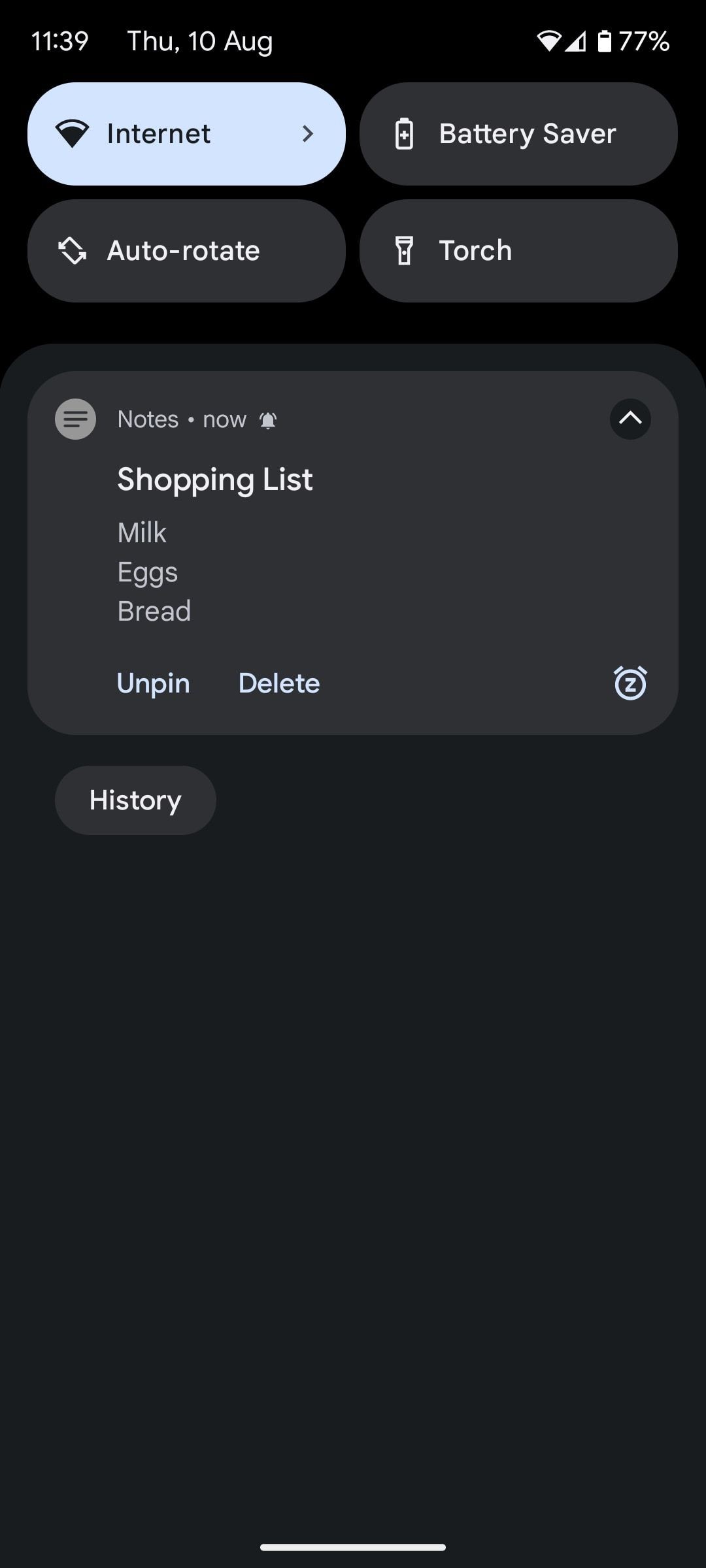 Note in Notifications Panel