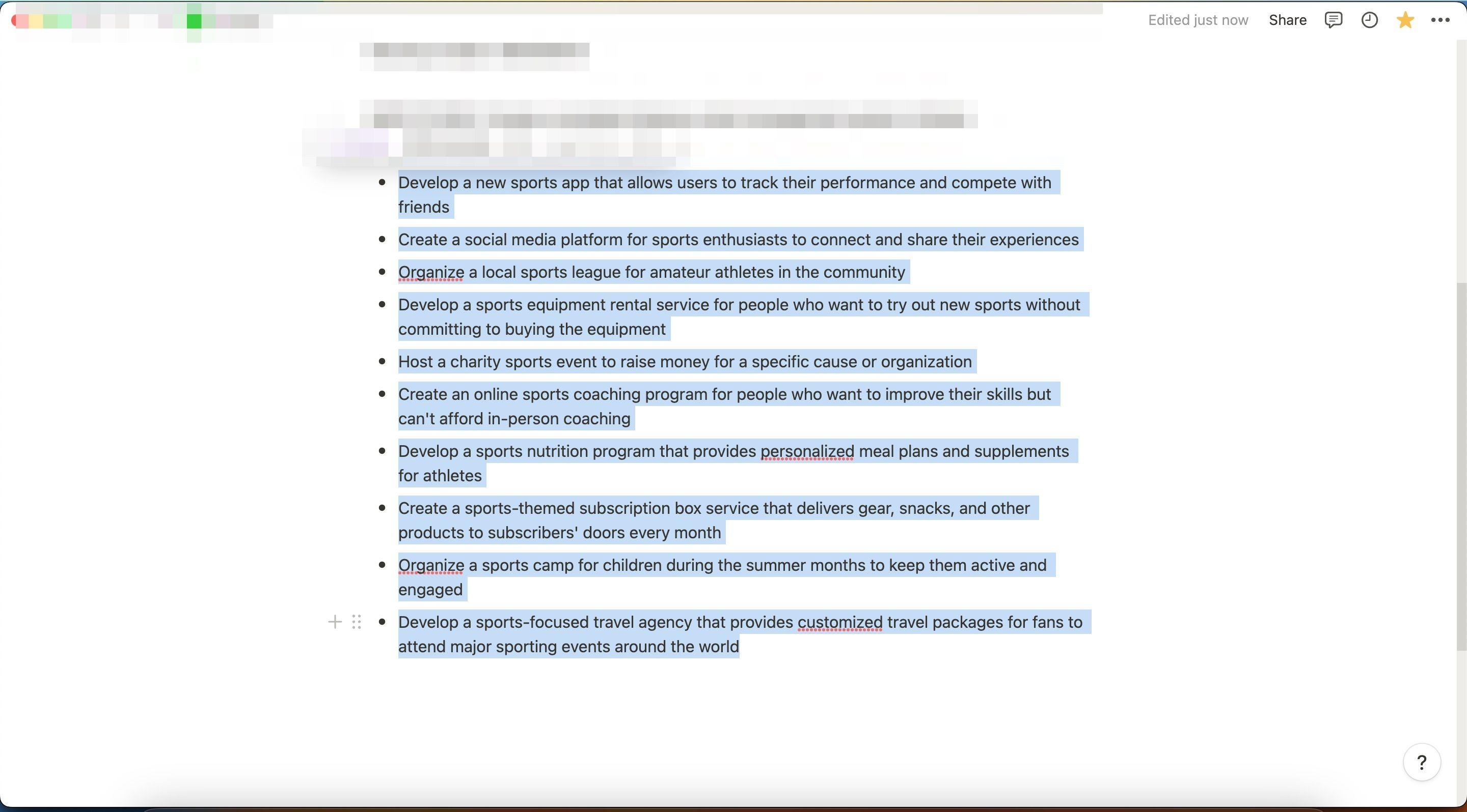 Notion AI Sport Ideas Screenshot