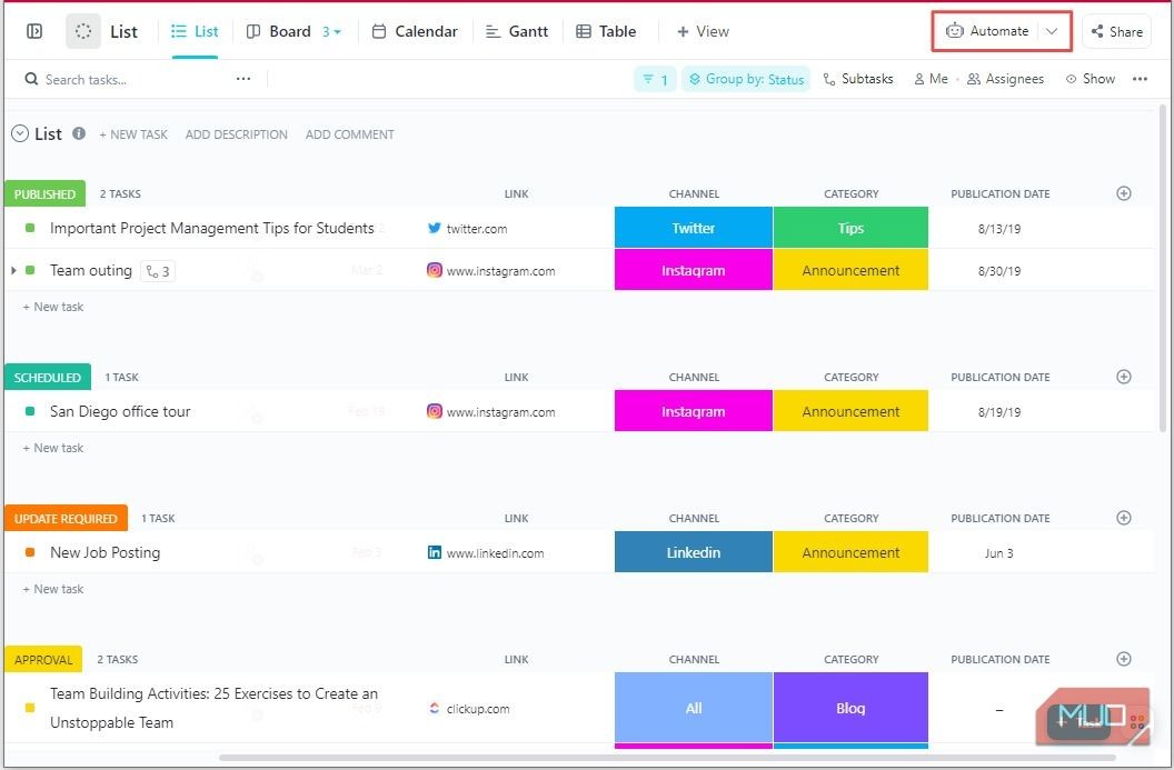 Nút Automate của ClickUp