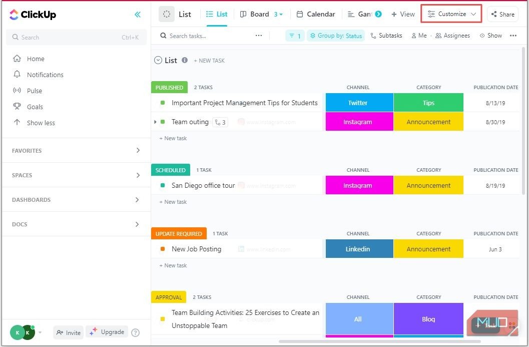 Nút Customize của ClickUp