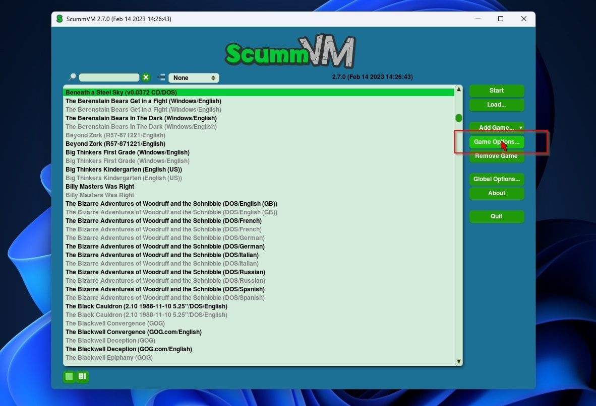 Nút Game Options trong ScummVM