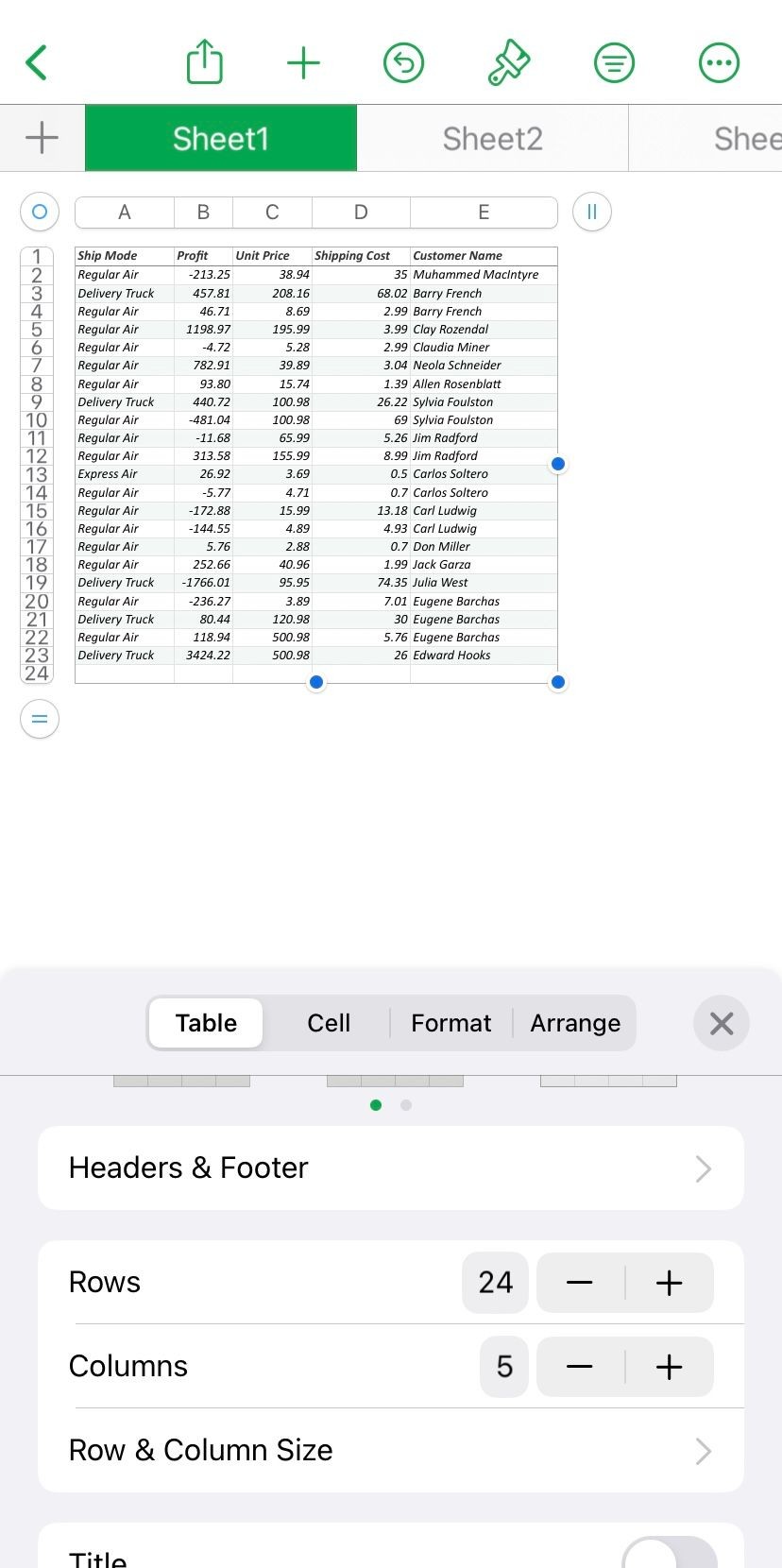 Nút Headers &amp; Footer