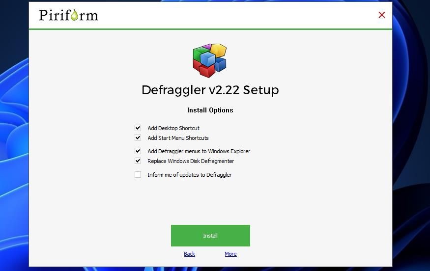 Nút Install của Defraggler