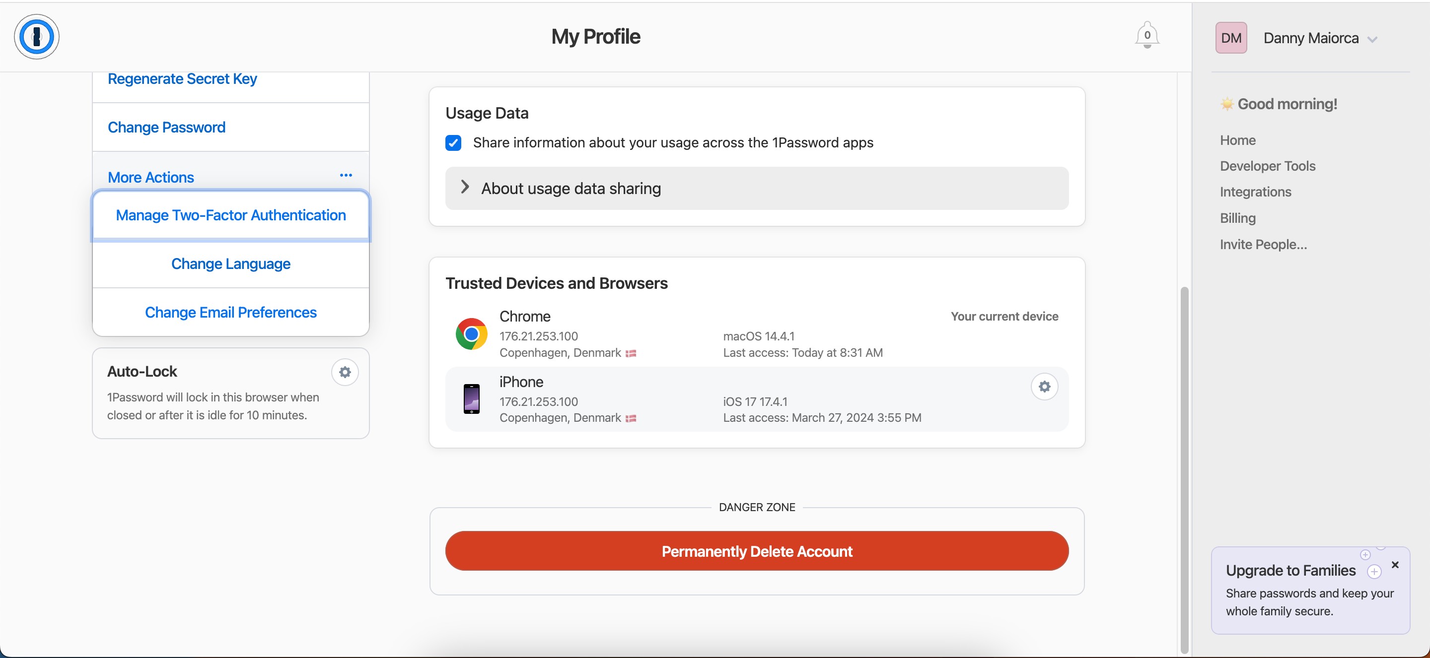 Nút quản lý xác thực hai yếu tố trong ứng dụng 1Password