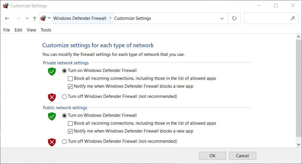 Nút radio Tắt Tường lửa Windows Defender