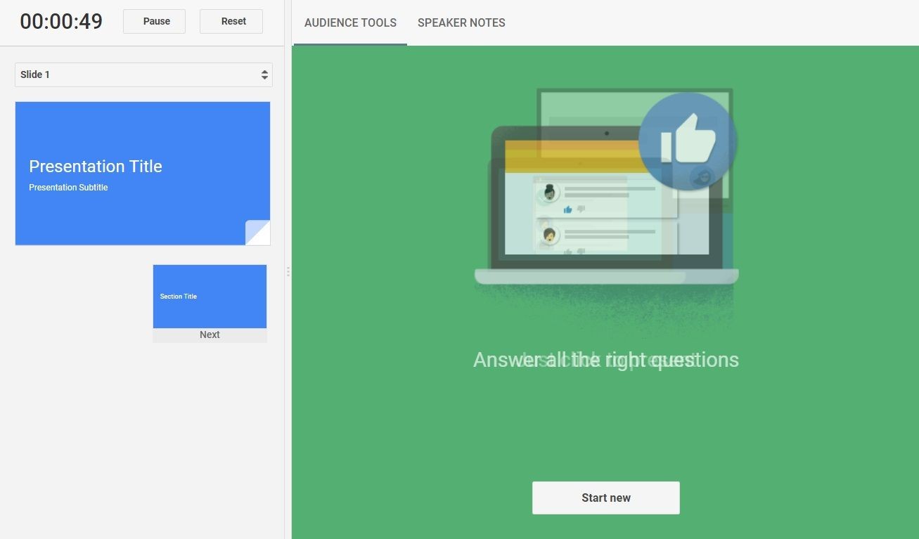 Nút Start new trong Audience Tools của Google Slides