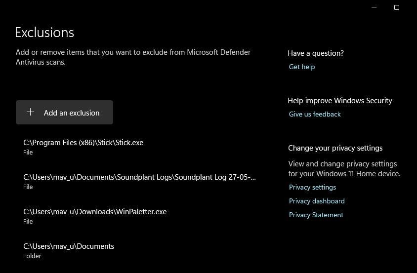 Nút Thêm ngoại lệ trong Windows Security