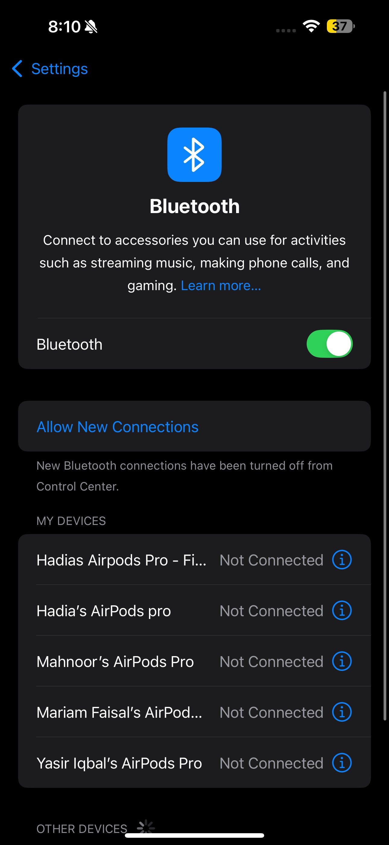 Phần Bluetooth trong ứng dụng Cài Đặt iOS