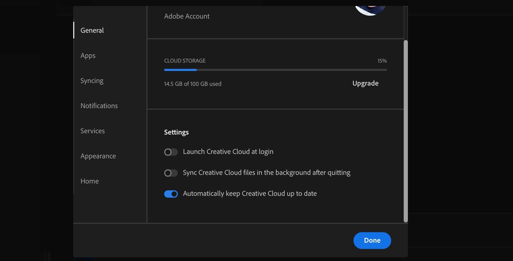 Phần cài đặt chung của Adobe Creative Cloud