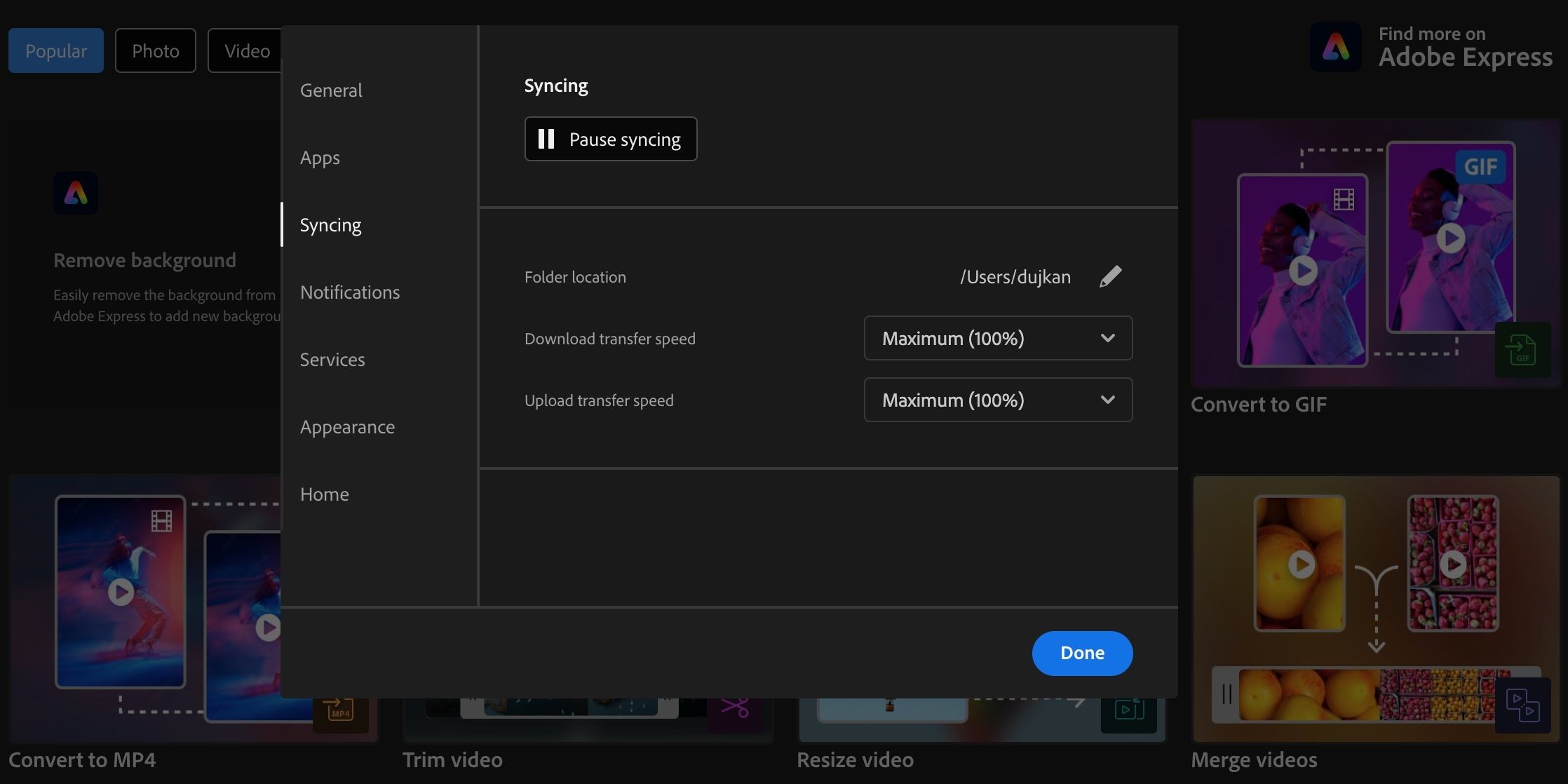 Phần đồng bộ trong cài đặt Adobe Creative Cloud