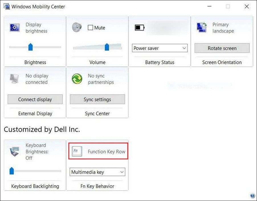 Phần hàng phím chức năng trong Windows Mobility Center