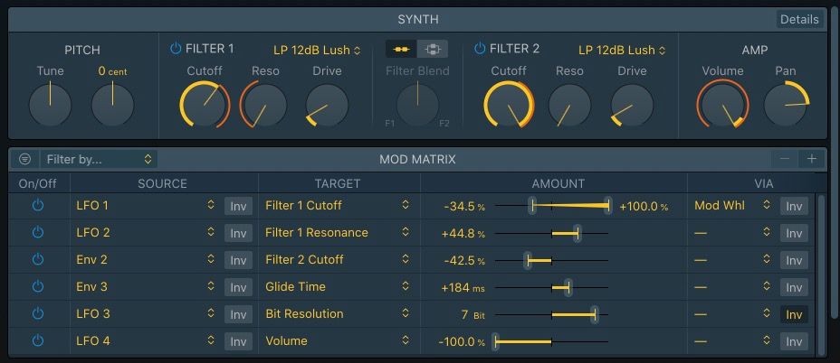 Phần Mod Matrix và Synth trong Sampler của Logic Pro
