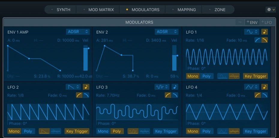 Phần Modulators hiển thị bao thư trong Sampler của Logic Pro