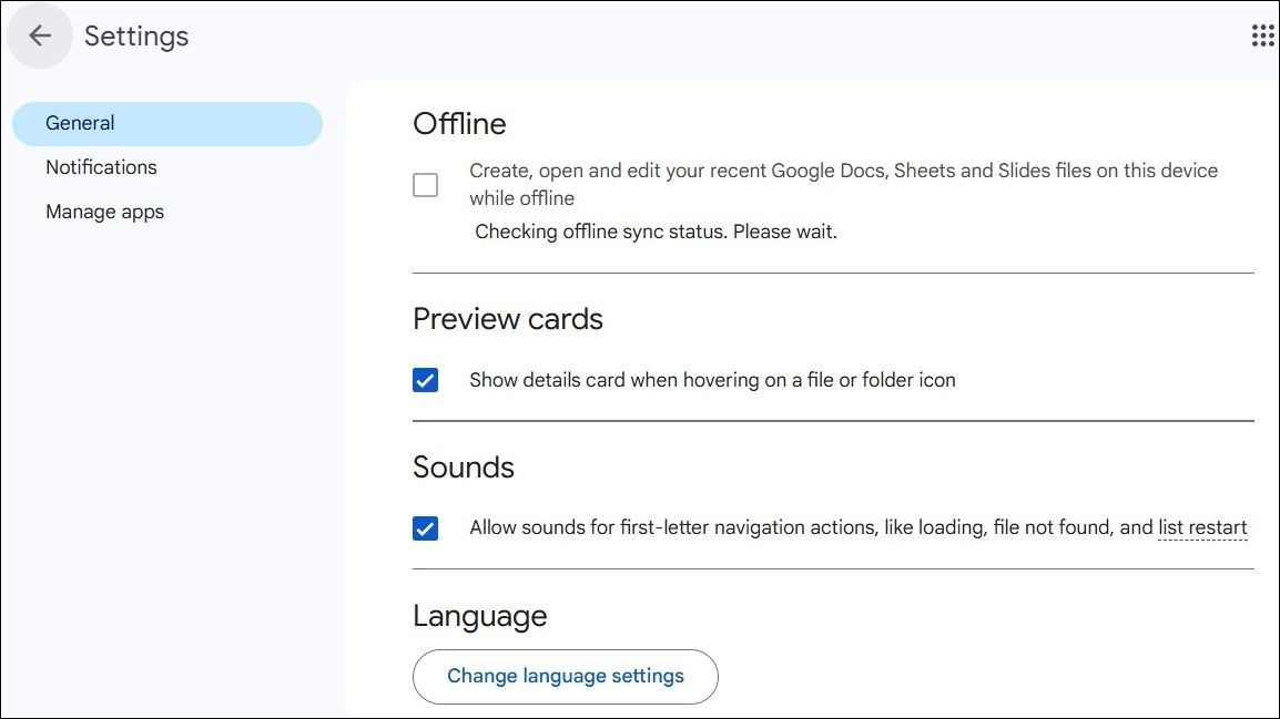 Phần ngoại tuyến trong menu cài đặt Google Drive