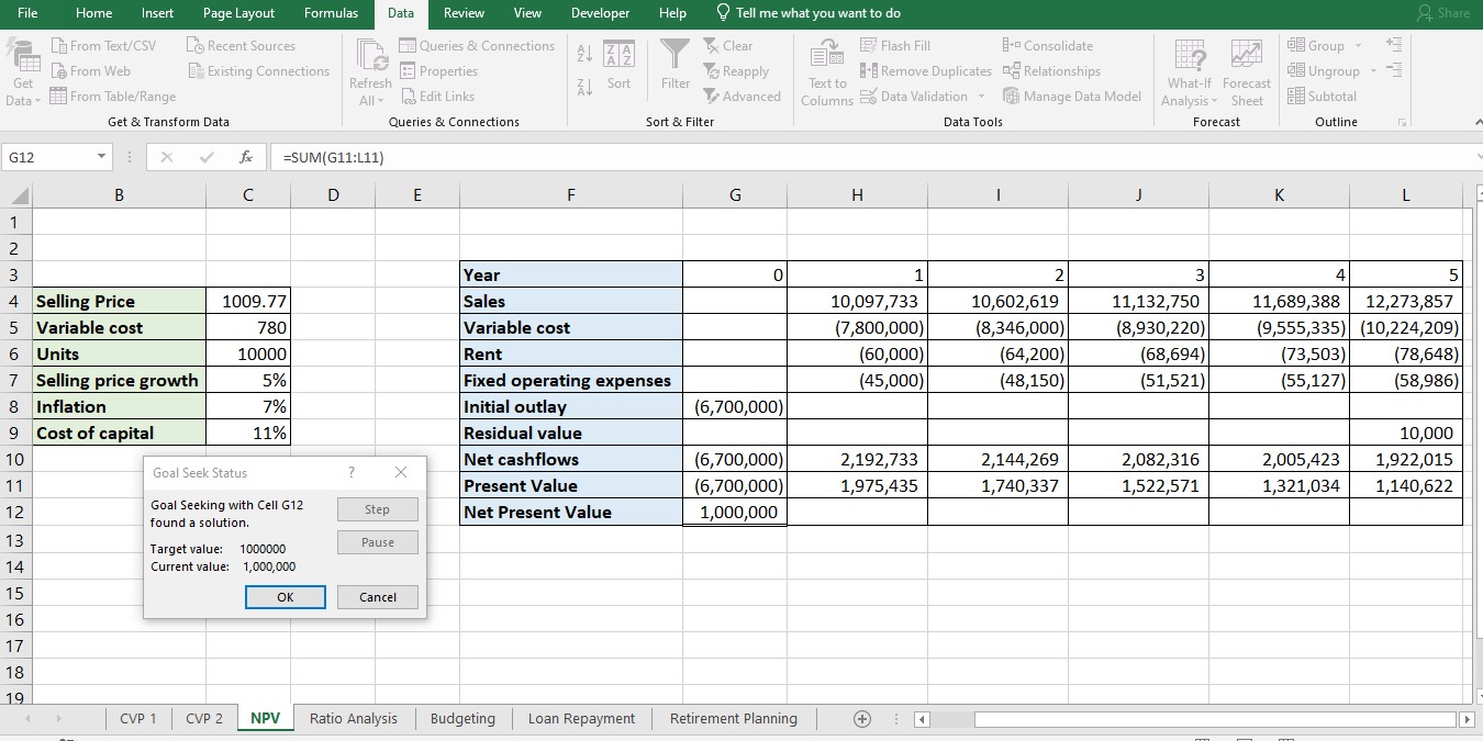 Phân tích NPV với Excel Goal Seek