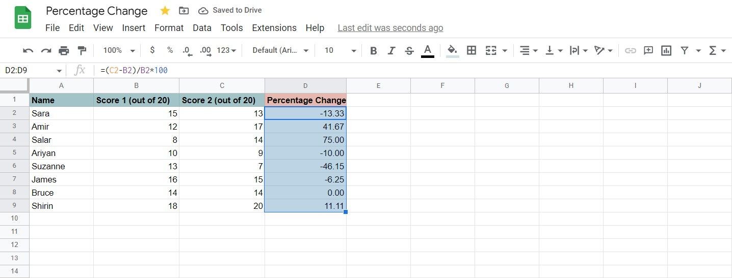 Phần trăm thay đổi đã làm tròn trong Google Sheets