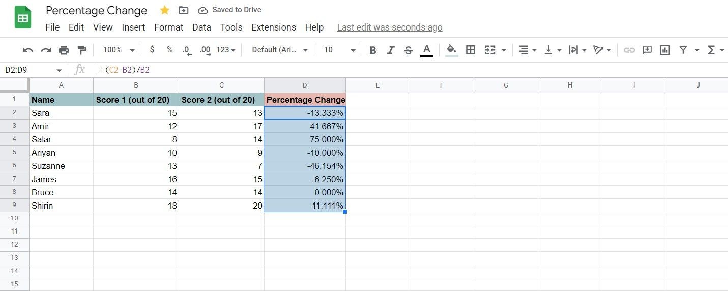 Phần trăm thay đổi với định dạng tùy chỉnh trong Google Sheets