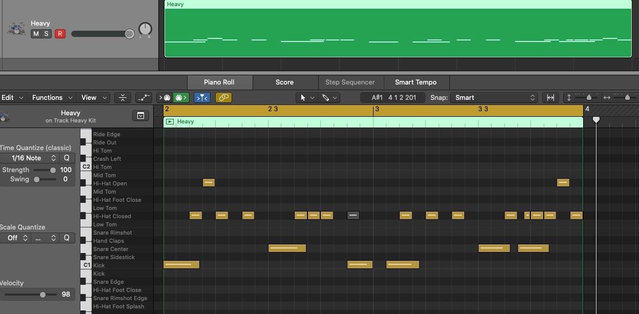 Phần trống phát triển được hiển thị trong trình chỉnh sửa MIDI trong Logic Pro