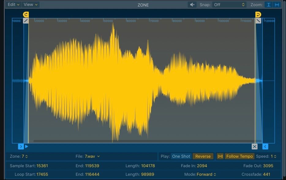 Phần Zone trong Sampler của Logic Pro