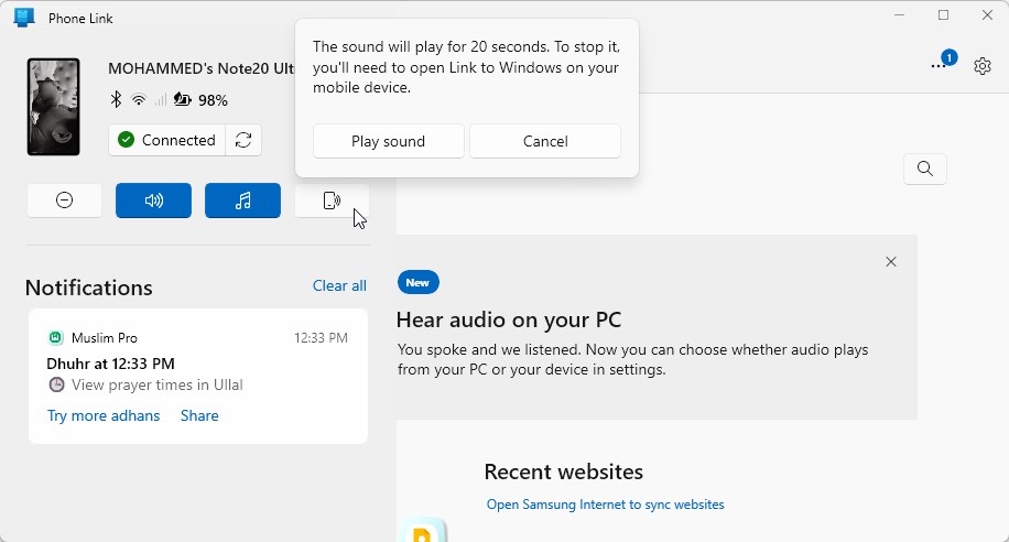 Phát âm thanh để tìm điện thoại qua Phone Link