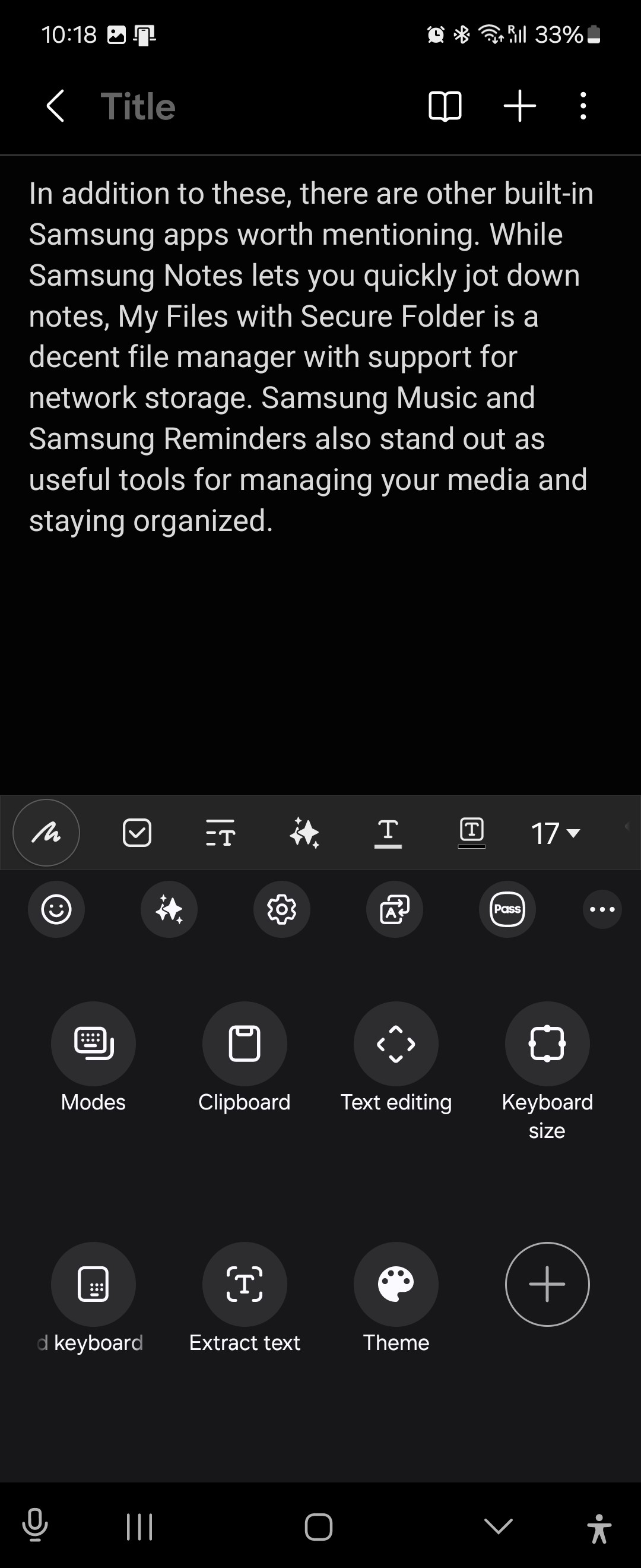 Phím tắt của Bàn Phím Samsung trong Samsung Notes
