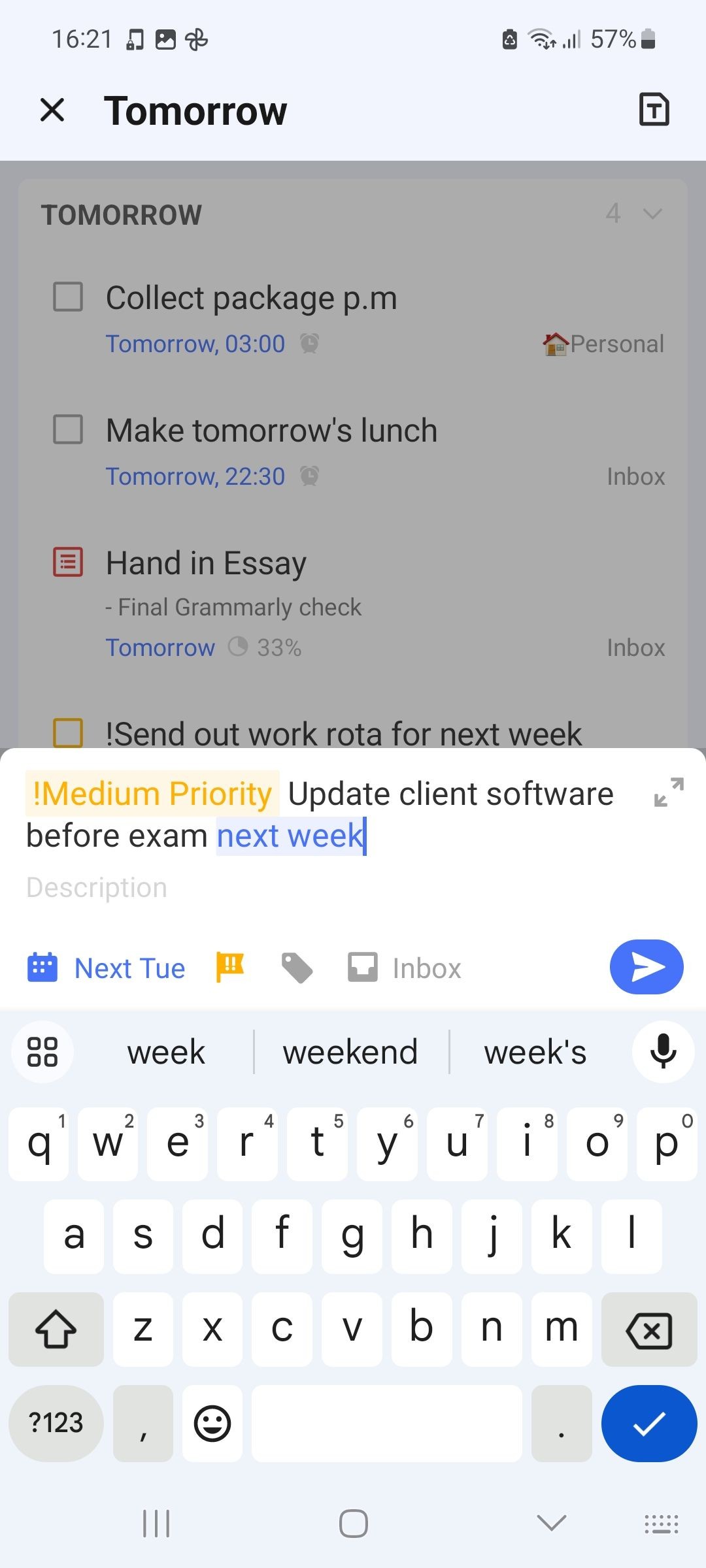 Phím tắt ưu tiên trung bình trong TickTick